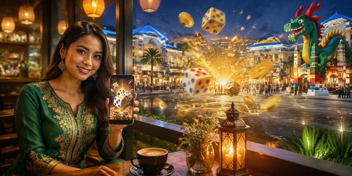 Suasana perayaan Hari Raya Malaysia dengan permainan digital dan hiburan dalam talian